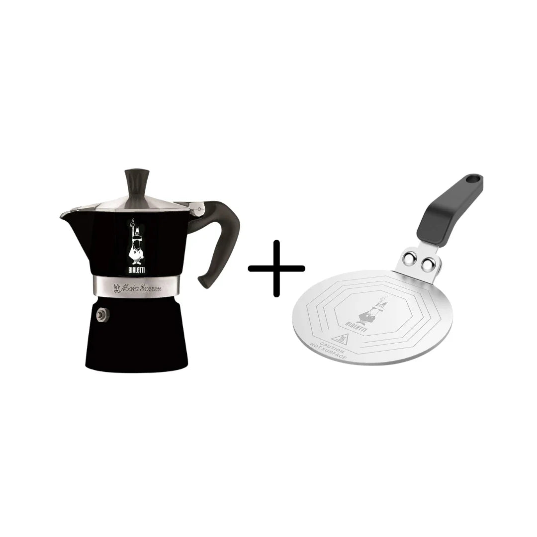Bialetti Moka Express 3 Cup Nera Espresso Maker 4952 + Induction Plate