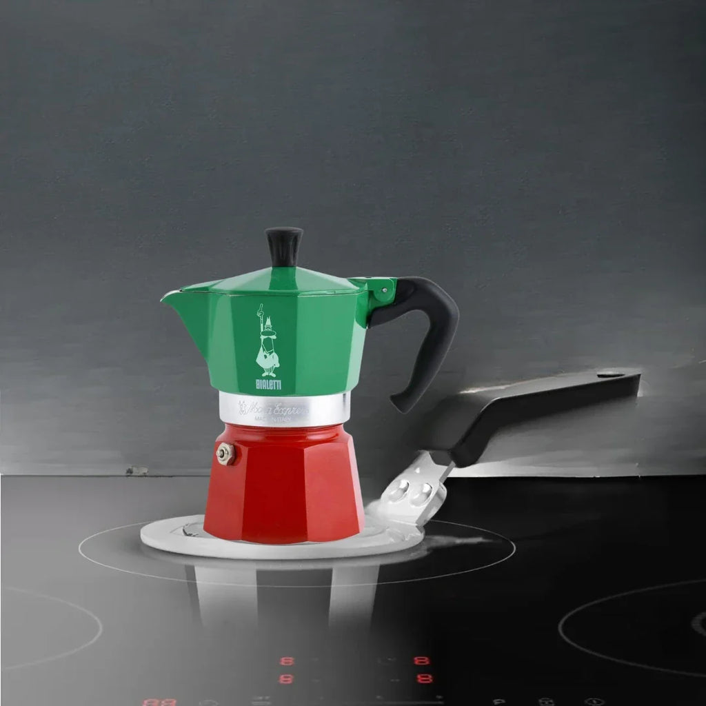 Bialetti Moka Express Tricolor 3 Cup Espresso Maker 5322 + Induction Plate