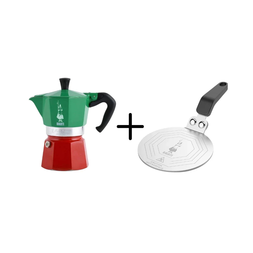Bialetti Moka Express Tricolor 3 Cup Espresso Maker 5322 + Induction Plate